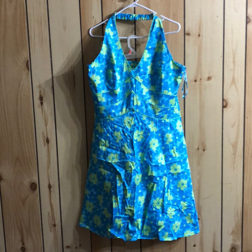 Short Blue Floral Summer Halter Dress Size 16